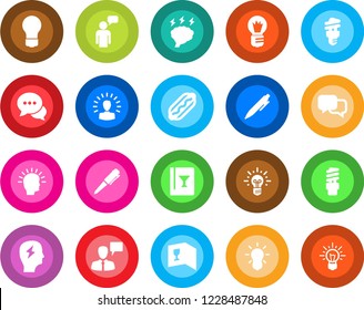 Round color solid flat icon set - speaking man vector, pen, brainstorm, bulb, dialog, wine card, hot dog, energy saving, shining head, idea