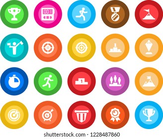 Round color solid flat icon set - dispatcher vector, pedestal, pennant, medal, run, stopwatch, target, motivation, award cup