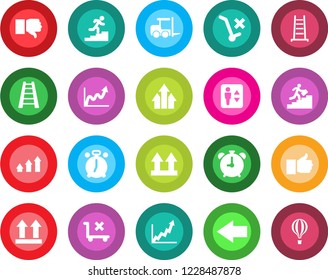 Round color solid flat icon set - elevator vector, alarm clock, left arrow, fork loader, ladder, up side sign, no trolley, finger, down, career, graph, growth, air balloon