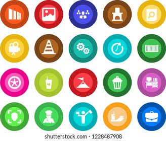 Round color solid flat icon set - dispatcher vector, border cone, document search, desk, garden light, fireplace, sea shipping, cargo container, sorting, video camera, gallery, face id, cook, fan