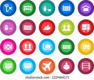 Round color solid flat icon set - plane vector, baggage trolley, sea shipping, truck trailer, cargo container, port, consolidated, warehouse storage, up side sign, no hook, package, rack