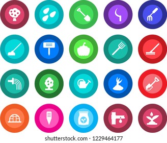 Round color solid flat icon set - job vector, garden fork, shovel, farm, rake, watering can, sproute, hoe, sickle, plant label, pumpkin, greenhouse, seeds, fertilizer, drip irrigation, fruit tree