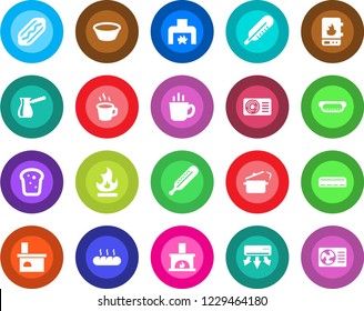 Round color solid flat icon set - fire vector, fireplace, thermometer, coffee, air conditioner, bread, hot dog, bowl, steaming pan, turkish, water heater
