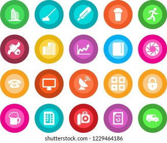 Round color solid flat icon set - lock vector, notepad, document reload, hoe, thermometer, run, satellite, antenna, camera, monitor, mobile, sim, application, office building, phone, beer, car