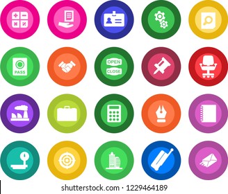 Round color solid flat icon set - suitcase vector, passport, identity, case, calculator, document search, factory, heavy scales, copybook, drawing pin, ink pen, target, handshake, office building