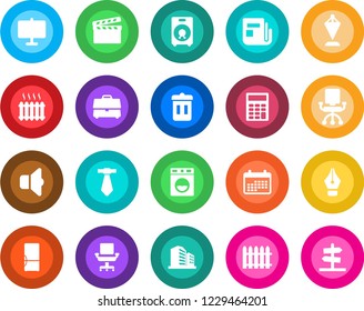 Round color solid flat icon set - pennant vector, fence, clapboard, news, speaker, case, presentation board, calculator, ink pen, office chair, heater, fridge, washer, sound, trash bin, calendar