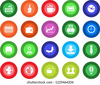 Round color solid flat icon set - tie vector, coffee, calendar, printer, caterpillar, earth, up side sign, hdmi, themes, download, clock, pie graph, rooms, children room, steaming pan, sun panel