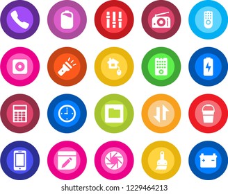 Round color solid flat icon set - mobile phone vector, bucket, radio, settings, rec button, call, camera, themes, folder, notes, data exchange, torch, battery, charge, clock, calculator, remote
