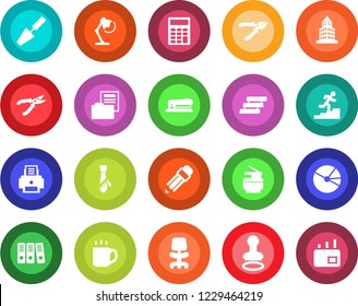 Round color solid flat icon set - stamp vector, office chair, trowel, pruner, coffee, building, pie graph, document folder, calculator, paper binder, desk lamp, printer, tie, tray, copier, pencil