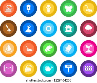 Round color solid flat icon set - fence vector, flower in pot, watering can, sproute, glove, lawn mower, butterfly, house, water drop, sun, rain, hose, plant label, bird, ripper