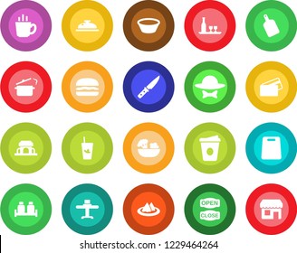Round color solid flat icon set - coffee vector, alcohol, restaurant table, serviette, reception, phyto bar, salad, salt and pepper, cafe building, dress code, open close, credit card, hamburger