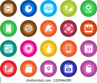 Round color solid flat icon set - mobile vector, phone back, camera, themes, stopwatch, mail, scanner, sd, calendar, mute, brightness, place tag, eye id, fingerprint, photo gallery, cellular signal