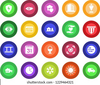 Round color solid flat icon set - sun vector, office building, pennant, heart hand, eye, film frame, protect, network, calendar, id, pie graph, house with garage, tree, sweet home, egg stand, car