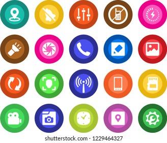 Round color solid flat icon set - antenna vector, no mobile, call, update, camera, gallery, tuning, clock, sd, notes, torch, mute, place tag, face id, video, photo, charge, root setup