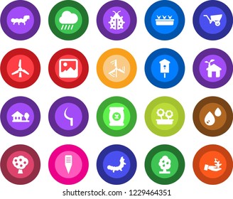 Round color solid flat icon set - wheelbarrow vector, lady bug, seedling, rain, sickle, plant label, caterpillar, bird house, fertilizer, gallery, with tree, windmill, fruit, flower in pot, eco