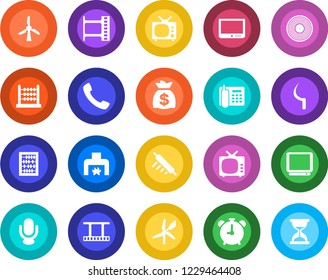 Round color solid flat icon set - alarm clock vector, abacus, money bag, sickle, film frame, vinyl, tv, microphone, call, office phone, fireplace, rolling pin, windmill, sand