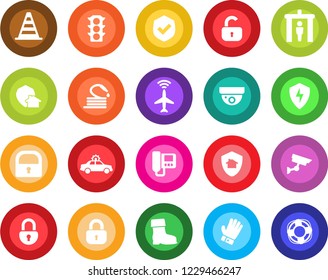 Round color solid flat icon set - plane radar vector, security gate, alarm car, border cone, glove, boot, hose, traffic light, shield, protect, lock, intercome, home, surveillance, crisis management