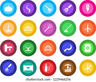 Round color solid flat icon set - fence vector, garden fork, farm, rake, well, hoe, sickle, plant label, pumpkin, greenhouse, sprayer, fertilizer, drip irrigation, windmill