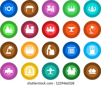 Round color solid flat icon set - baby room vector, reception, flight table, medical, desk, meeting, manager place, lamp, restaurant, cafe, serviette