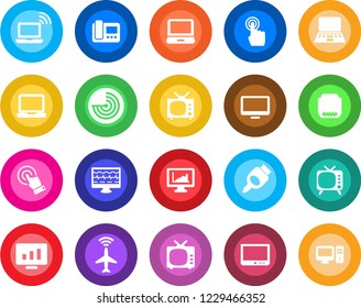 Round color solid flat icon set - plane radar vector, wireless notebook, pc, statistic monitor, pulse, tv, touch screen, laptop, hdmi, statistics, intercome