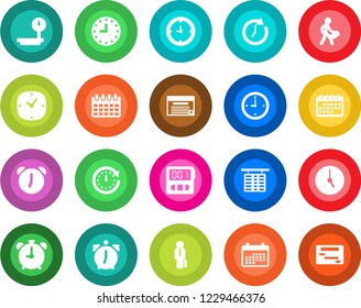 Round color solid flat icon set - alarm clock vector, flight table, calendar, heavy scales, stopwatch, manager, schedule