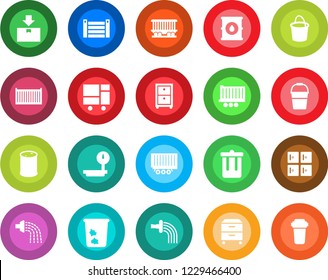 Round color solid flat icon set - trash bin vector, checkroom, bucket, watering, railroad, truck trailer, cargo container, consolidated, package, oil barrel, heavy scales, archive box, water filter