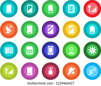 Round color solid flat icon set - mobile phone vector, virus, satellite antenna, cell, low battery, back, sim, mute, cellular signal, office, sun panel