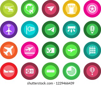 Round color solid flat icon set - plane vector, airport tower, radar, departure, wind, helicopter, seat map, globe, air conditioner, fan, paper, balloon