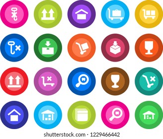 Round color solid flat icon set - baggage trolley vector, fragile, cargo, warehouse storage, up side sign, no, hook, package, search, blank box