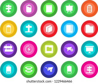 Round color solid flat icon set - signpost vector, notepad, presentation board, wheelbarrow, battery, low, folder, charge, blank box, plates, guidepost