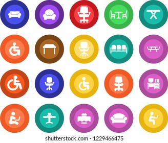 Round color solid flat icon set - cafe vector, waiting area, disabled, office chair, desk, picnic table, cushioned furniture, restaurant, man with notebook