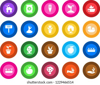 Round color solid flat icon set - flower in pot vector, seedling, tree, sproute, plant label, fertilizer, fruit, salad, apple, eco house, palm