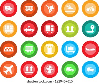 Round color solid flat icon set - plane vector, airport tower, taxi, arrival, baggage trolley, alarm car, bike, earth, railroad, truck trailer, consolidated cargo, up side sign, heavy scales, moving