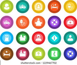 Round color solid flat icon set - reception vector, medical room, manager place, doctor case, dropper, ambulance car, hospital bed, support, information, crisis management