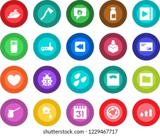 Round color solid flat icon set - lady bug vector, axe, seeds, heart, scales, ampoule, sea shipping, package, network, mail, rewind, folder, calendar, video, drink, turkish coffee, home control