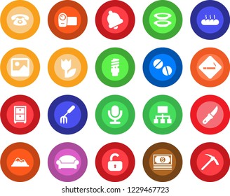 Round color solid flat icon set - smoking place vector, waiting area, garden fork, knife, pills, cash, tulip, video camera, microphone, gallery, bell, archive box, mountains, lock, phone, plates