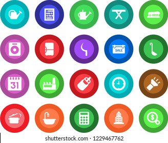 Round color solid flat icon set - abacus vector, watering can, sickle, picnic table, clock, speaker, rca, calendar, torch, office building, calculator, stapler, sale, bathroom, factory, ladle