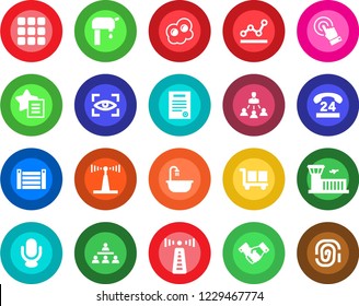 Round color solid flat icon set - antenna vector, airport building, handshake, 24 hours, container, cargo, microphone, touch screen, favorites list, menu, point graph, hierarchy, contract, bathroom
