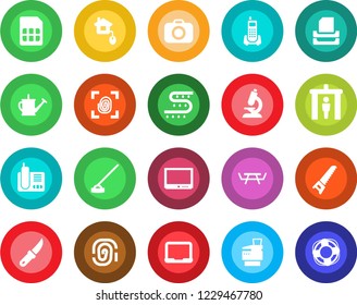 Round color solid flat icon set - security gate vector, notebook pc, watering can, saw, hoe, garden knife, picnic table, drip irrigation, microscope, office phone, camera, tv, radio, sim, paper tray