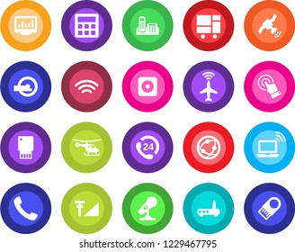 Round color solid flat icon set - plane radar vector, wireless notebook, helicopter, tomography, 24 hours, consolidated cargo, microphone, satellite, network, touch screen, rec button, call, router