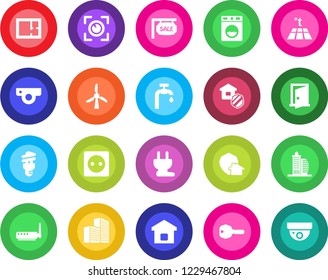 Round color solid flat icon set - office building vector, water supply, plan, sale, key, smart home, estate insurance, socket, power plug, router, web camera, washer, warm floor, energy saving bulb