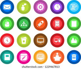 Round color solid flat icon set - reception vector, speaking man, gear, mail, notepad, coffee, monitor, clock, notes, copybook, statistics, pie graph, hr, manager desk, archive box, copier, pencil
