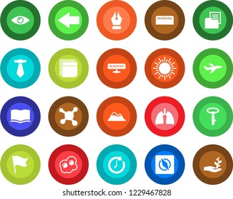 Round color solid flat icon set - left arrow vector, sun, book, lungs, eye, molecule, plane, folder document, compass, ink pen, blank box, mountains, reserved, omelette, clock, flag, tie