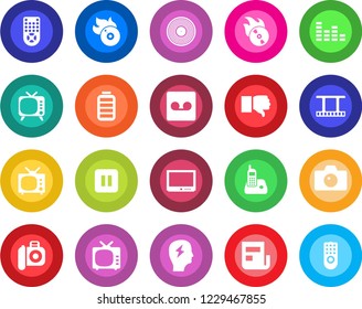 Round color solid flat icon set - camera vector, brainstorm, film frame, vinyl, flame disk, tv, equalizer, remote control, radio phone, finger down, battery, pause button, record, news