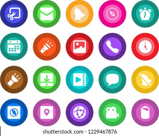Round color solid flat icon set - call vector, message, gallery, clock, alarm, bell, mail, network, calendar, download, torch, mute, cut, place tag, compass, video, battery