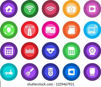 Round color solid flat icon set - antenna vector, credit card, wireless notebook, garden fork, barcode, camera, remote control, fast forward, rewind, calculator, sd, sim, face id, smart home, router