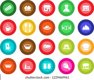 Round color solid flat icon set - spoon and fork vector, cafe, coffee, cook, dish, alcohol, serviette, hat, bacon, salt pepper, building, restaurant receipt, steak, ham, bowl, storefront