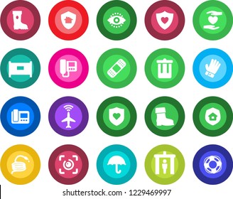 Round color solid flat icon set - plane radar vector, fence, security gate, trash bin, glove, boot, hose, patch, heart shield, hand, umbrella, eye id, estate insurance, intercome, home protect