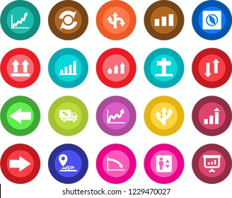 Round color solid flat icon set - elevator vector, right arrow, left, growth statistic, route, signpost, navigation, up side sign, sorting, data exchange, compass, update, bar graph, moving, crisis