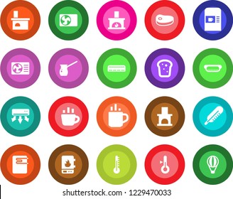 Round color solid flat icon set - hot cup vector, coffee machine, fireplace, thermometer, air conditioner, bread, steak, dog, turkish, water heater, balloon